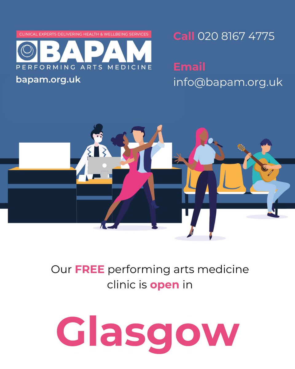 Scottish Music Industry Association (@thesmia) on Twitter photo <a href="/ukbapam/">BAPAM: Performing Arts Medicine</a> has opened a free physio clinic in Glasgow for performing arts professionals and students. Available to anyone working or studying in the performing arts across Scotland. Online clinical assessments are also available.
Read more - bit.ly/3FmMbcu <a href="/ukbapam/">BAPAM: Performing Arts Medicine</a> has opened a free physio clinic in Glasgow for performing arts professionals and students. Available to anyone working or studying in the performing arts across Scotland. Online clinical assessments are also available.
Read more - bit.ly/3FmMbcu