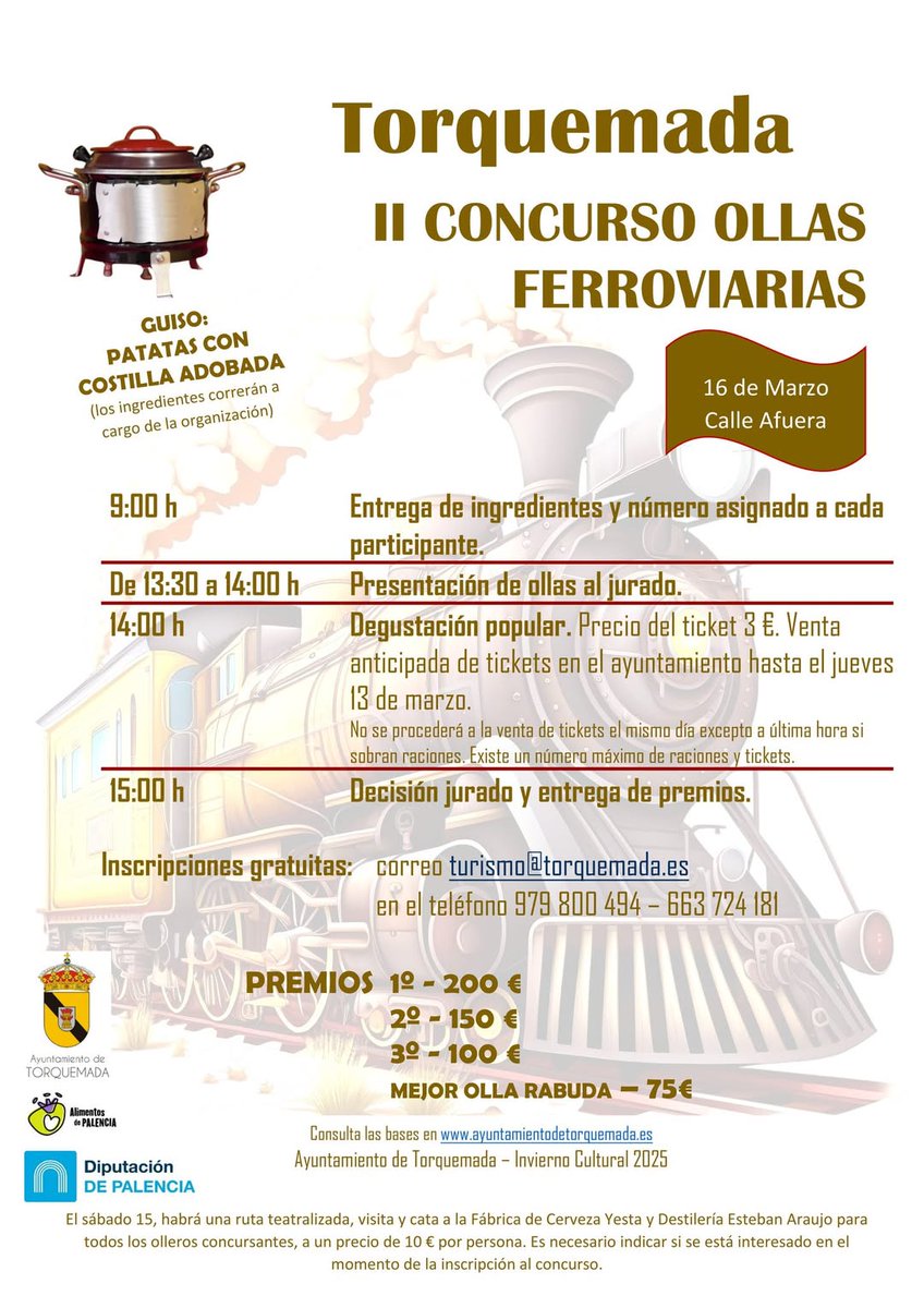 🍲 II Concurso Ollas Ferroviarias - Torquemada 🚂

📅 16 de marzo
⏰ 9:00h
🥔 Guiso: Patatas con costilla adobada (ingredientes a cargo de la organización)
📝 Inscripciones gratuitas en turismo@torquemada.es o 978 800 494 / 663 724 181
#ConcursoOllasFerroviarias