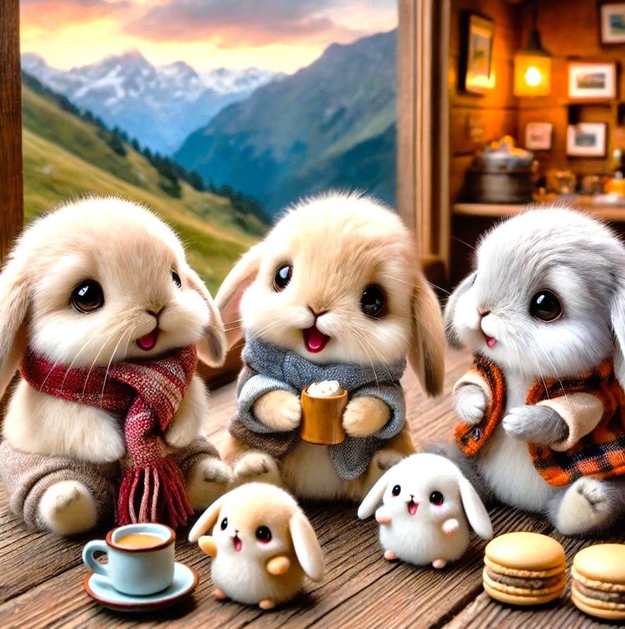Taking a relaxing break together ☕️ Fresh mountain air and cheerful conversation are the best treats ♪💖

みんなでほっとひと息✨ 
山の空気とおしゃべりが最高のごちそう ♪🏔️

#AI画像 #いやし #うさぎ #Aiart  #デジタルアート  #マカロン