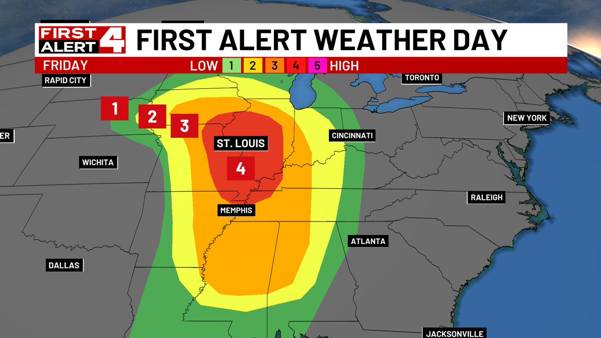 WeatherChambers's tweet photo. UPDATE From #FirstAlert4...
Our severe storm threat for Friday evening has increased from level 3 to level 4 (out of 5).
This doesn't change the forecast. It simply increases our confidence in the potential for destructive winds &amp; tornadoes from 7PM-2AM Friday night.
@KMOV #stlwx https://t.co/5HBQ2p6TrS
