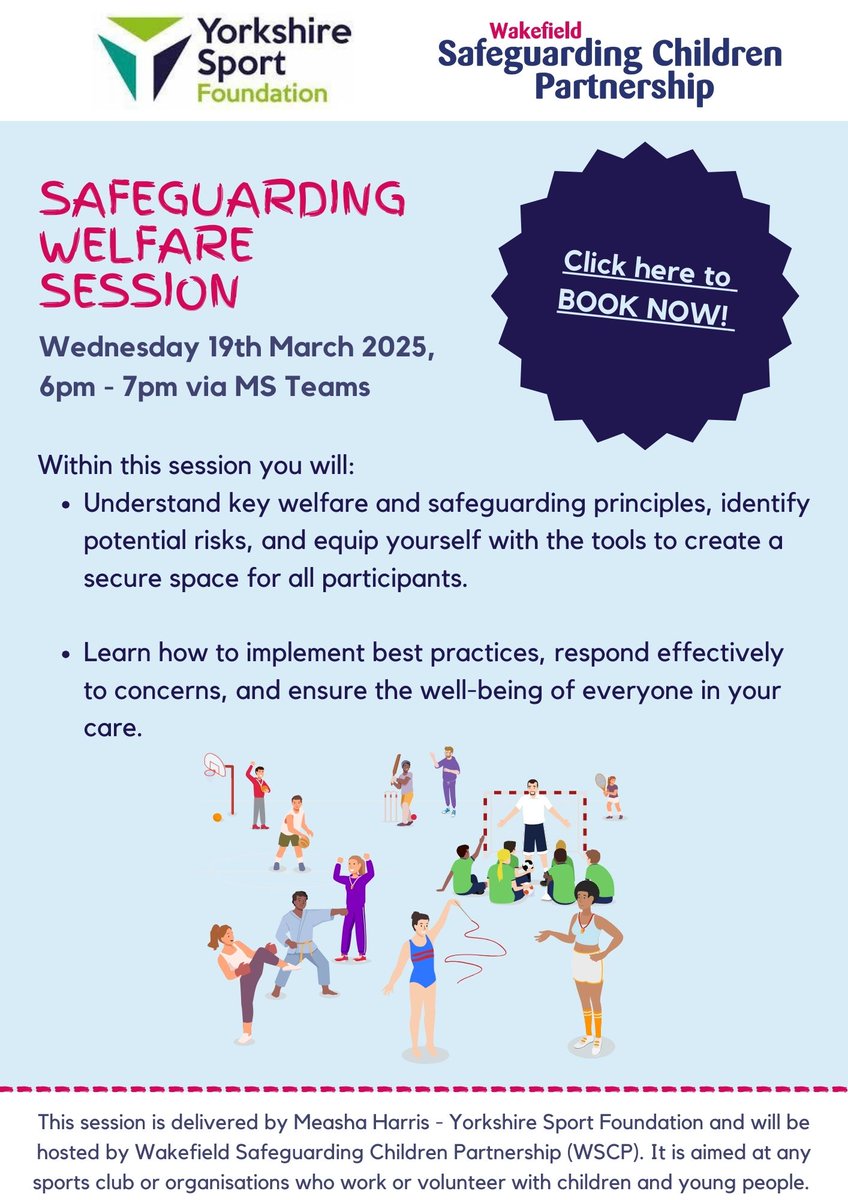 Wakefield Safeguarding Children Partnership - WSCP (@wakefield_scp) on Twitter photo 🚨 Safeguarding Welfare in Sport Session!
⚽️ 🏏 🩰 🏑 🏀 🏈
📍 Wednesday 19th March 2025, 6pm - 7pm, online via MS Teams
Hosted by <a href="/Wakefield_scp/">Wakefield Safeguarding Children Partnership - WSCP</a> & <a href="/YorkshireSport/">Yorkshire Sport Fndn</a>!
For more info and to book your place, click on the link⤵️
wakefieldscp.org.uk/training/cours… 🚨 Safeguarding Welfare in Sport Session!
⚽️ 🏏 🩰 🏑 🏀 🏈
📍 Wednesday 19th March 2025, 6pm - 7pm, online via MS Teams
Hosted by <a href="/Wakefield_scp/">Wakefield Safeguarding Children Partnership - WSCP</a> & <a href="/YorkshireSport/">Yorkshire Sport Fndn</a>!
For more info and to book your place, click on the link⤵️
wakefieldscp.org.uk/training/cours…