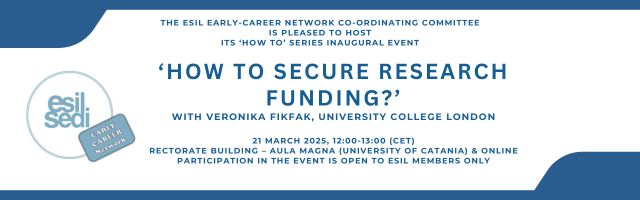 📢<a href="/ESILEarlyCareer/">ESIL Early-Career Network Co-ordinating Committee</a> is hosting the Inaugural Event of the ‘How to’ series of events aimed at our early-career members!

On Friday, 21 March at 12pm (CET), join them to discuss ‘How to secure research funding’ with Prof. <a href="/VeronikaFikfak/">Prof Veronika Fikfak</a>.💡

Register here➡️bit.ly/3Ds26FT
