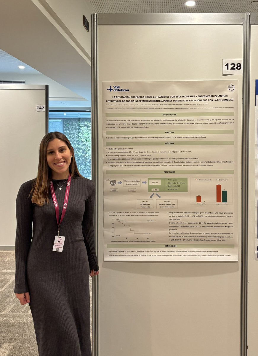 Nuestra otra R4 <a href="/MariaPerez46030/">Maria Perez</a> nos presenta el estudio “La afectación esofágica grave en pacientes con esclerodermia y enfermedad pulmonar intersticial se asocia a peores desenlaces relacionados con la enfermedad” 🫁📈 <a href="/vallhebron/">Vall d'Hebron</a> <a href="/aegastro/">Aegastro</a> #AEG2025