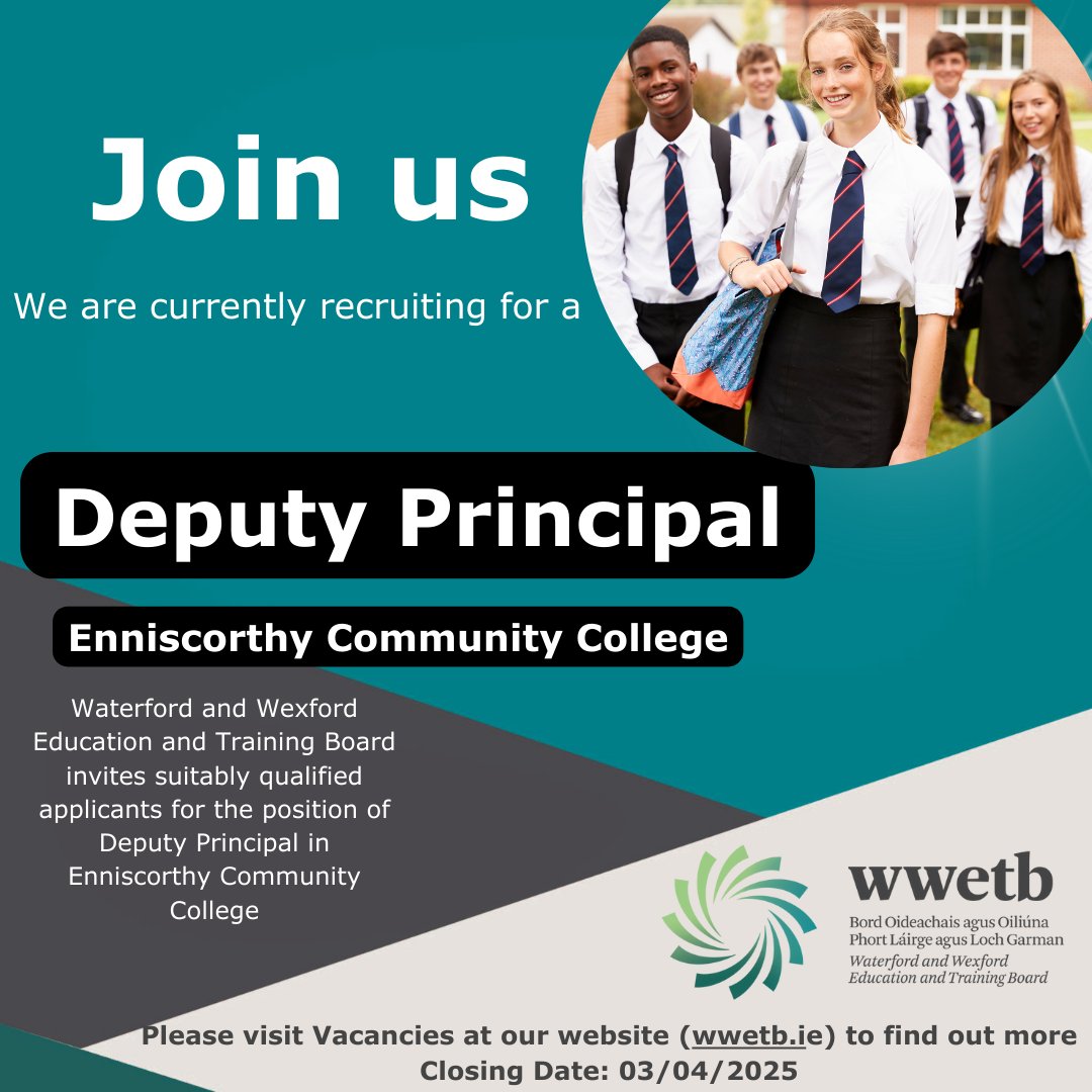 WWETB (@wwetbofficial) on Twitter photo 📢Join Our Team📢
#WWETB are now recruiting for: Deputy Principal, Enniscorthy Community College
🏢Location: Enniscorthy Community College
📅 Closing Date: 3/4/25
For more information 👇
zurl.co/EXqA 📢Join Our Team📢
#WWETB are now recruiting for: Deputy Principal, Enniscorthy Community College
🏢Location: Enniscorthy Community College
📅 Closing Date: 3/4/25
For more information 👇
zurl.co/EXqA