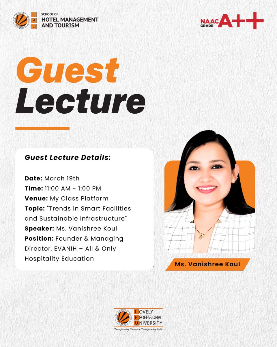 LPUHotelMgt's tweet image. Guest Lecture Alert! 🎤✨

Join us on March 19, 2025, for an insightful session with Vanishree Koul on our class platform! 

📅 Date: 19th March 2025
🎓 Platform: [Your Class Platform Name]
📌 Stay tuned for more updates!

#GuestLecture #HospitalityInsights #LearnWithExperts