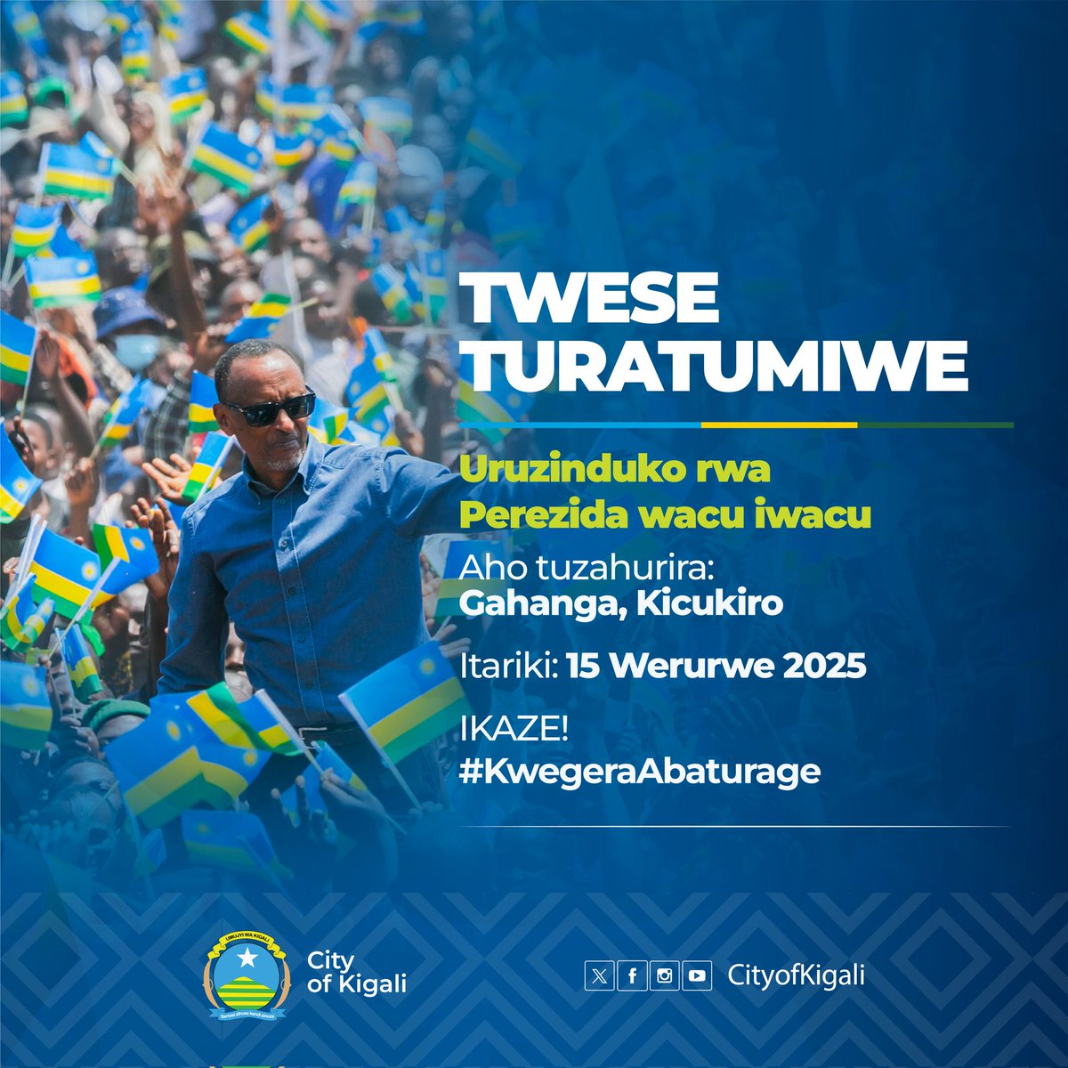 Banyakigali,
Muraho!

Nk'uko yadusezeranyije kuzagaruka vuba, Perezida wacu azadusura ku wa 15 Werurwe 2025 kuri site ya Gahanga mu Karere ka Kicukiro.

Tuzazinduke, tumwakirane urugwiro, dukomeze kwiyubakira #KigaliYacu n’u Rwanda twifuza. 

Imvugo ni yo ngiro.
#KwegeraAbaturage