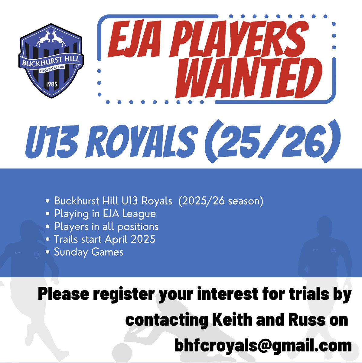 EJA PLAYERS WANTED⚫️🔵
We are looking for players to join our squad for the 25/26 season. Email to get in touch bhfcroyals@gmail.com 
#EJA