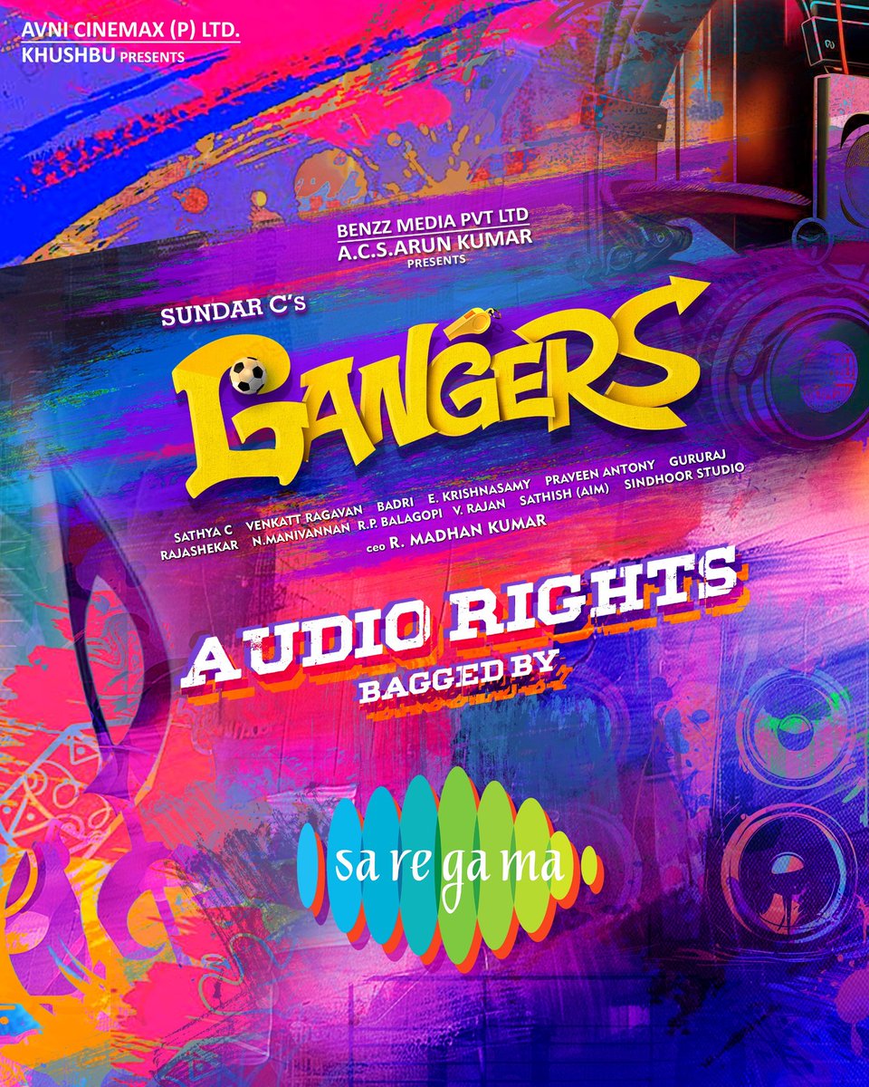 KhushbuSundar (@khushsundar) on Twitter photo The OG VIBE of FUN and CRAZINESS is locked๐ถ๐
<a href="/saregamasouth/">Saregama South</a> has bagged the music rights of #GANGERS๐ฅ,
And things are about to go BONKERS!
Music by <a href="/CSathyaOfficial/">C.Sathya</a>.
A #SundarC's 2025 comedy blast.
#GangersFromApril24
#Vadivelu <a href="/khushsundar/">KhushbuSundar</a> #AnanditaSundar <a href="/AvniCinemax_/">Avni Cinemax</a> The OG VIBE of FUN and CRAZINESS is locked๐ถ๐
<a href="/saregamasouth/">Saregama South</a> has bagged the music rights of #GANGERS๐ฅ,
And things are about to go BONKERS!
Music by <a href="/CSathyaOfficial/">C.Sathya</a>.
A #SundarC's 2025 comedy blast.
#GangersFromApril24
#Vadivelu <a href="/khushsundar/">KhushbuSundar</a> #AnanditaSundar <a href="/AvniCinemax_/">Avni Cinemax</a>