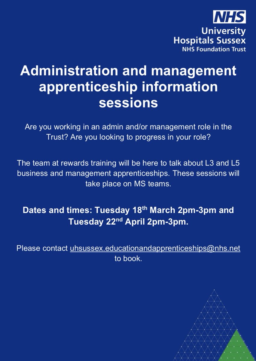 UHSussex Education and Apprenticeships (@uhsx_eduapps) on Twitter photo Are you in an admin and/or management role and looking to progress?
Book your place today for this informative session about administration and management apprenticeships. Dates/times detailed below. <a href="/RewardsTraining/">Rewards Training</a> <a href="/UHSussex/">University Hospitals Sussex</a> Are you in an admin and/or management role and looking to progress?
Book your place today for this informative session about administration and management apprenticeships. Dates/times detailed below. <a href="/RewardsTraining/">Rewards Training</a> <a href="/UHSussex/">University Hospitals Sussex</a>