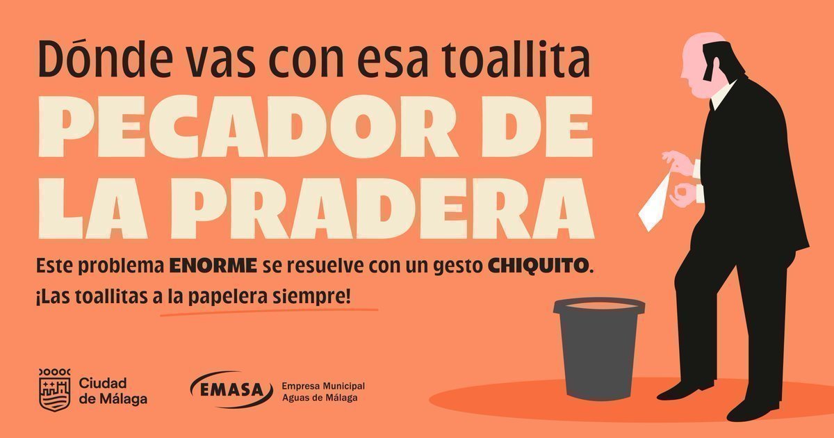 ¡¡Quietorrrrr!! Nunca tires las toallitas al wc, pecador de la pradera, ¡siempre a la papelera! 🗑️ 

Y es que las toallitas generan un problema ENORME para Málaga que puede resolverse con un gesto muy CHIQUITO.

#EMASAMálaga #LasToallitasALaPapeleraSiempre