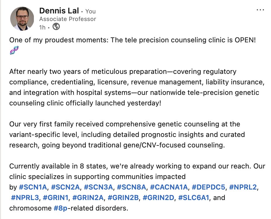 LalDennis's tweet photo. One of my proudest moments: The tele precision counseling clinic is OPEN! 🧬8 states, 127 million people & growing 📈↗️
#SCN1A, #SCN2A, #SCN3A, #SCN8A, #CACNA1A, #DEPDC5, #NPRL2, #NPRL3, #GRIN1, #GRIN2A, #GRIN2B, #GRIN2D, #SLC6A1 & 8p disorders.
https://t.co/aD8q3FEvyQ https://t.co/ypSGSAFTG2