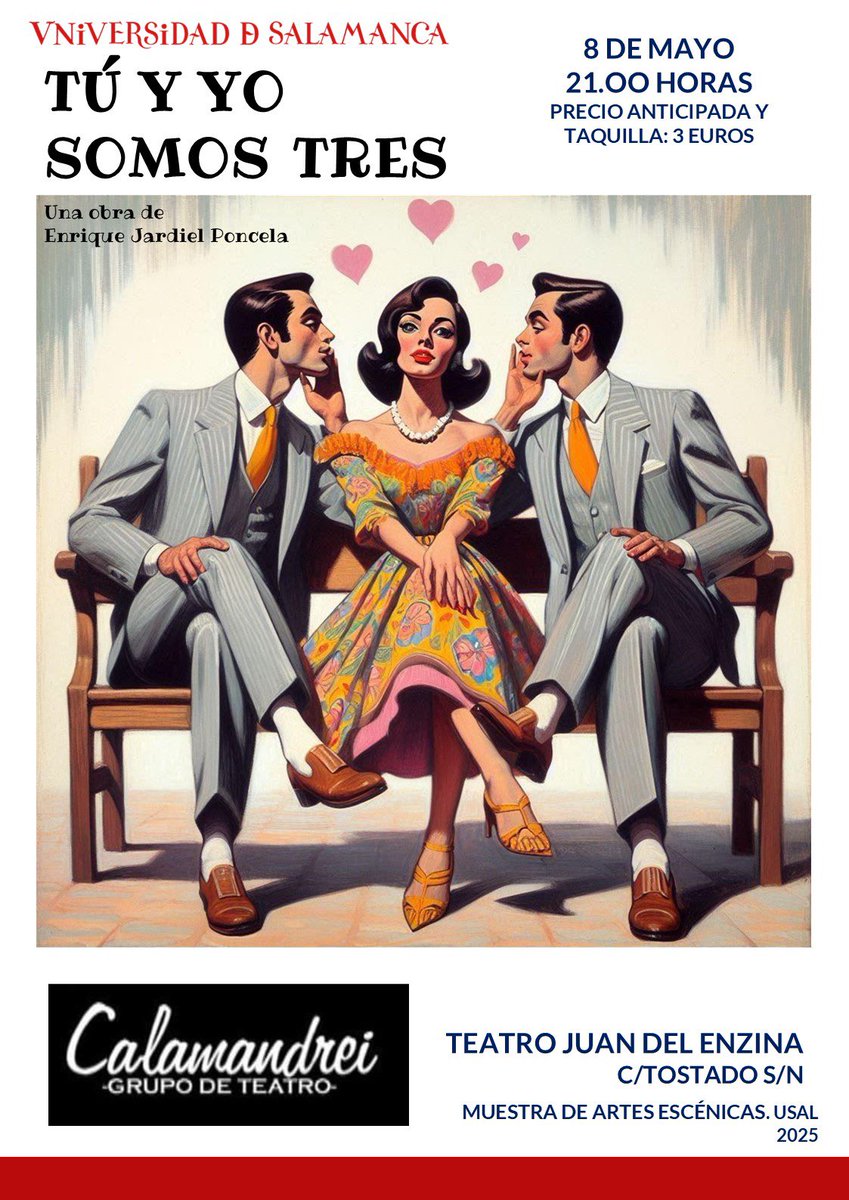 Como director de <a href="/tcalamandrei/">Teatro Calamandrei</a> de <a href="/FacDerechoUsal/">Facultad de Derecho</a> os comparto nuestra obra para la nueva muestra de artes escénicas <a href="/usal/">Universidad de Salamanca</a> Pronto entradas a la venta online en la web del servicio de actividades culturales