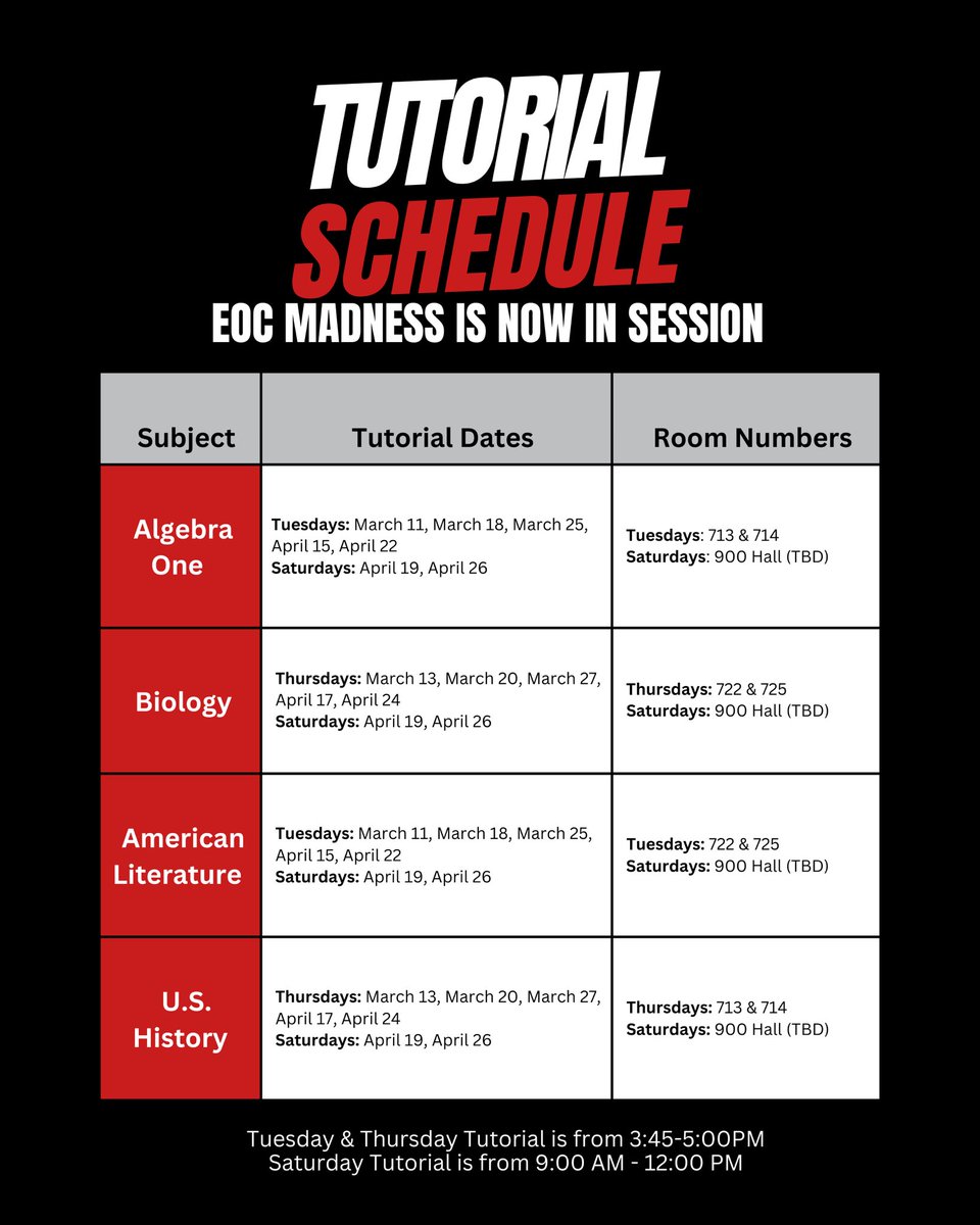 While it's March Madness for some, it's EOC Madness for us! Ensure your student attends our after school tutorial sessions for the EOC, so they are ready for their test next month.