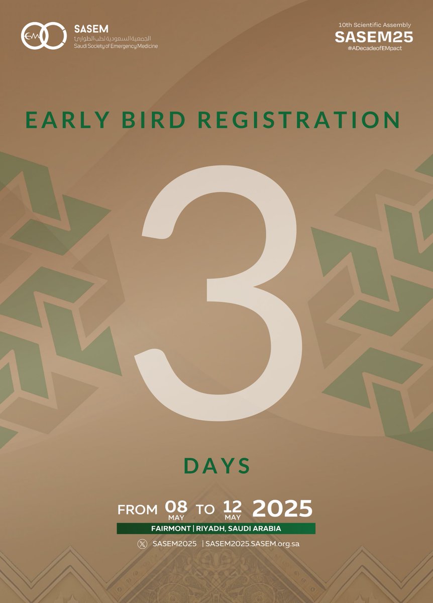sasem25's tweet image. 🚨 FINAL COUNTDOWN: Only 3 days left! 🚨

This is your LAST chance to grab early bird rates for #SASEM! ⏳ Don’t miss out on the biggest emergency medicine event—register now before prices go up! 🔥🔥

Secure your spot today:
Workshops 8-9 may 
Conference 10-12 may 

🔗 Register…