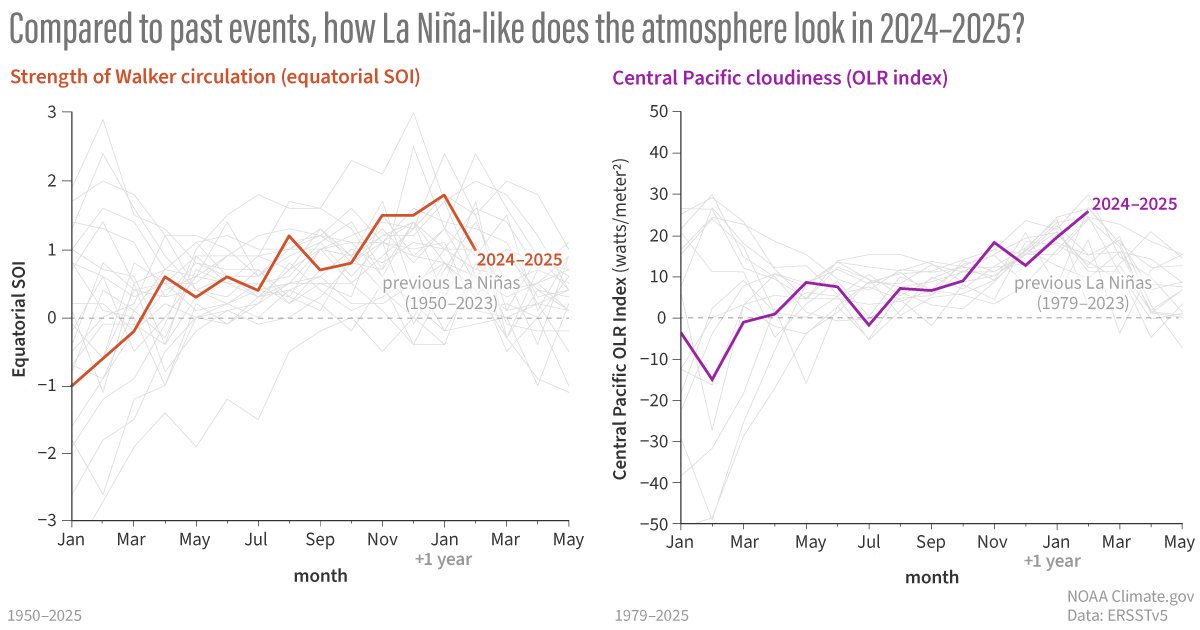 La Niña conditions are hanging on, but weakening! Forecasters expect ENSO-neutral conditions to return in the next month, lasting through the summer. What does that mean for global weather and climate? Read more: climate.gov/news-features/…