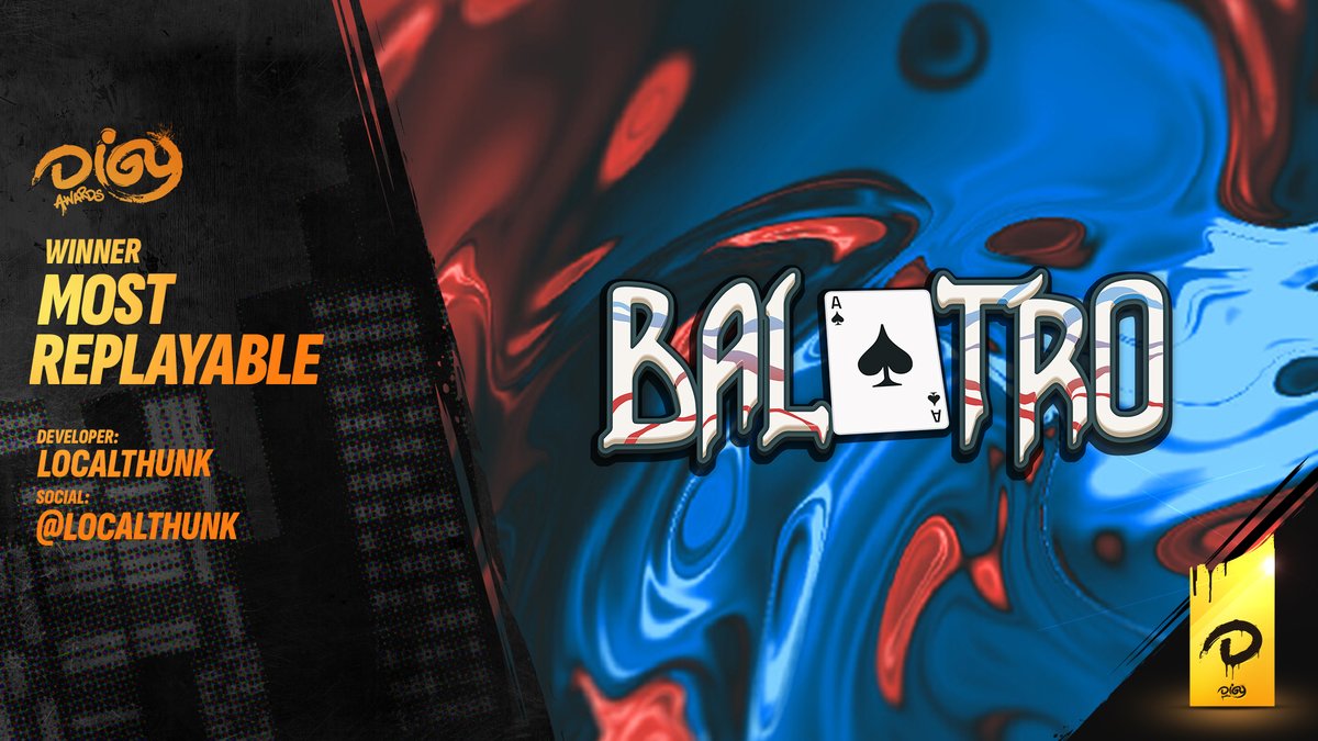 DIGYawards's tweet image. Congratulations to the Most Replayable game winner from today's @digyawards
Balatro
@localthunk
🏆 Full list of winners posting to
digyawards.com