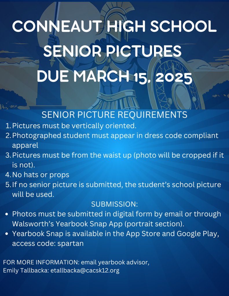 Conneaut Spartans (@cacsspartans) on Twitter photo Senior pictures for the CHS yearbook are due soon! To submit photos or if you have any questions, please contact etallbacka@cacsk12.org. Remember yearbooks are still on sale at yearbookforever.com! Senior pictures for the CHS yearbook are due soon! To submit photos or if you have any questions, please contact etallbacka@cacsk12.org. Remember yearbooks are still on sale at yearbookforever.com!