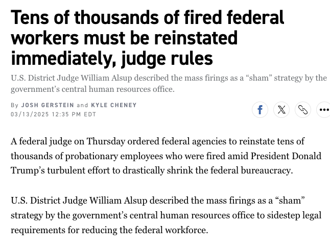 Kyle Cheney (@kyledcheney) on Twitter photo NEWS: A federal judge has ordered the Trump administration to offer reinstatement to thousands of fired probationary employees at the Departments of Defense, Treasury, Agriculture, Energy, Interior and Veterans Affairs.
w/ <a href="/joshgerstein/">Josh Gerstein</a>
politico.com/news/2025/03/1… NEWS: A federal judge has ordered the Trump administration to offer reinstatement to thousands of fired probationary employees at the Departments of Defense, Treasury, Agriculture, Energy, Interior and Veterans Affairs.
w/ <a href="/joshgerstein/">Josh Gerstein</a>
politico.com/news/2025/03/1…