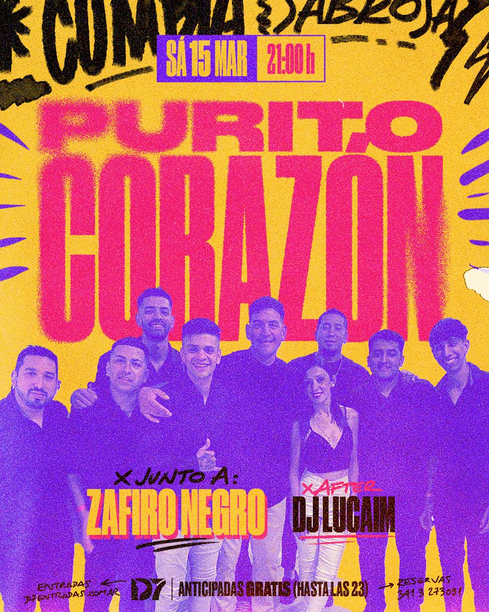 📅 El sábado a las 21 vuelve "Purito Corazón" con "Zafiro Negro" y after show con "DJ Lucaim" para meterle a la cumbiamba toda la noche. 💃🏽🕺🏽

🎫 ANTICIPADAS SIN COSTO (solamente hasta las 23) en d7entradas.com.ar y pueden reservar mesa en nuestro WhatsApp: 3413273091. 🍻
