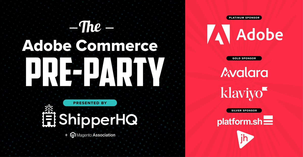 Who’s ready for #AdobeSummit next week?

 We’re kicking things off with an incredible night of networking, connection, and community at the Adobe Summit Pre-Party! 🎉

This event wouldn’t be possible without the support of our sponsors: <a href="/Adobe/">Adobe</a> , <a href="/avalara/">Avalara</a> , <a href="/klaviyo/">Klaviyo</a> , <a href="/platformsh/">Platform.sh</a>,