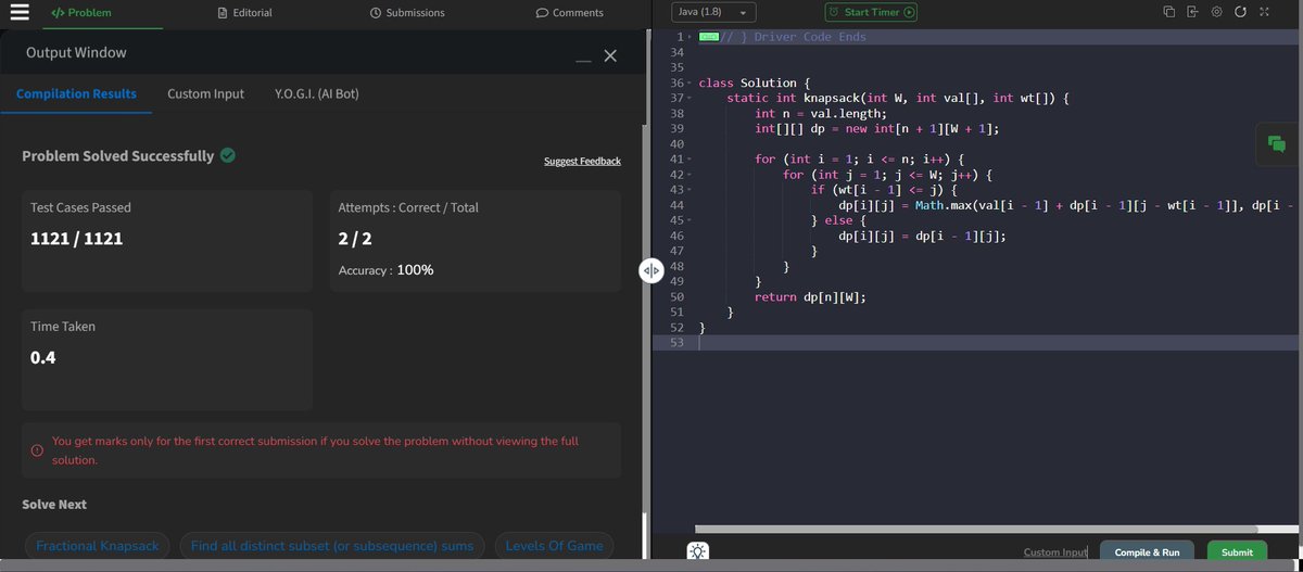 bishwabandhu06's tweet photo. 🚀 #Day 119 of My GeeksforGeeks 160 Days Coding Challenge!

💻 Problem: 0-1 Knapsack Problem

🔗 GitHub: https://t.co/TzgsKiVkZN

@geeksforgeeks

#ProblemSolving #DynamicProgramming #KnapsackProblem #CodingChallenge #GeeksforGeeks #Algorithms #Learning 🚀 https://t.co/6C0Ci3Vb4m