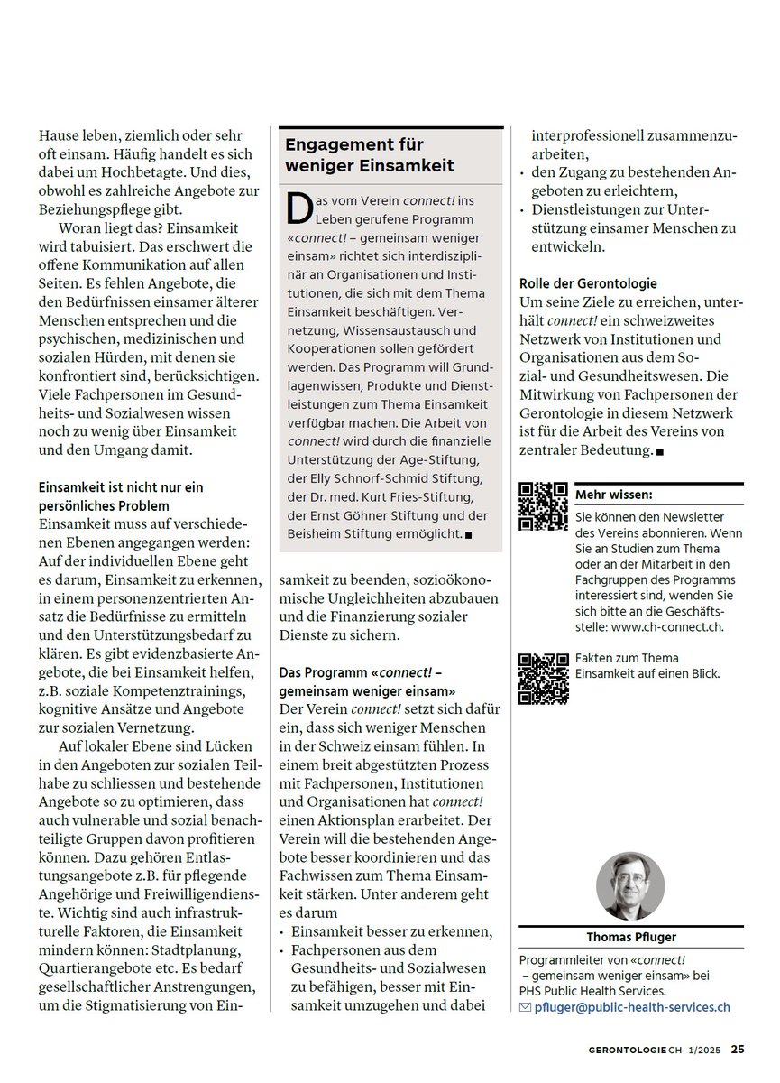 5 bis 9 Prozent der älteren Menschen in der Schweiz, die zu Hause leben fühlen sich oft oder sehr oft #einsam. Der Verein #connect! engagiert sich für ein koordiniertes Vorgehen, mehr Vernetzung und einen besseren Zugang zu bestehenden Angeboten: lnkd.in/eWCfCWDn