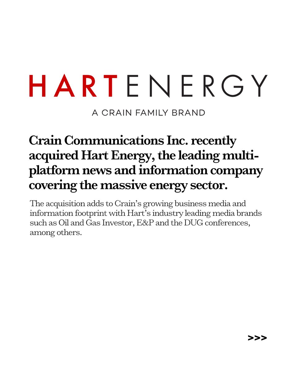 CrainComm's tweet image. We&apos;ve been busy! @CrainComm has acquired @HartEnergy, adding comprehensive coverage of the energy sector to our portfolio. The Hart brands will continue to operate with dedicated editorial and business teams based in Houston.