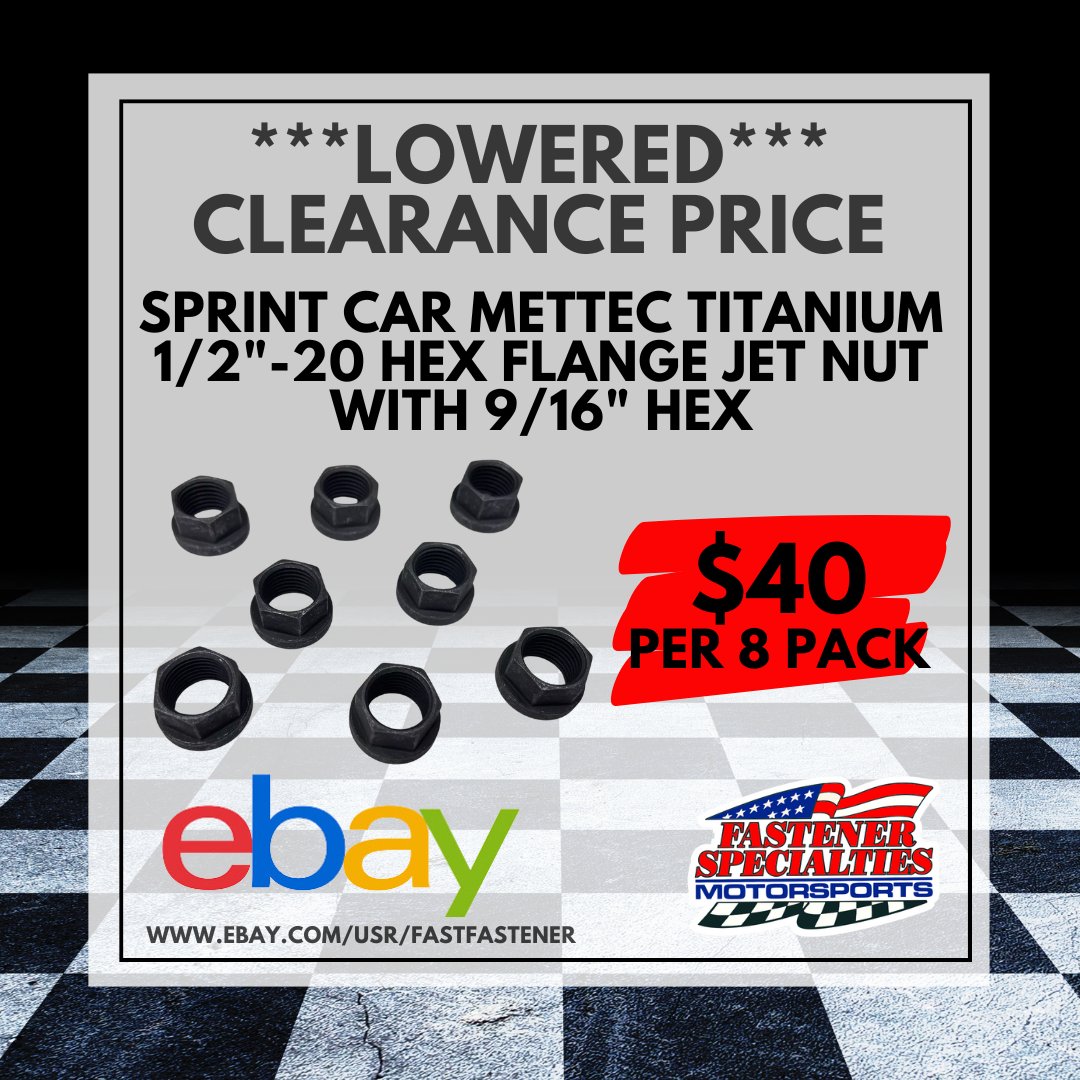 LOWERED PRICE!!!
Sprint Car Mettec Titanium 1/2"-20 Hex Flange Jet Nut with 9/16" Hex- Set of 8
Currently 6 Sets Available
Available Here--> ebay.com/itm/3257476979…