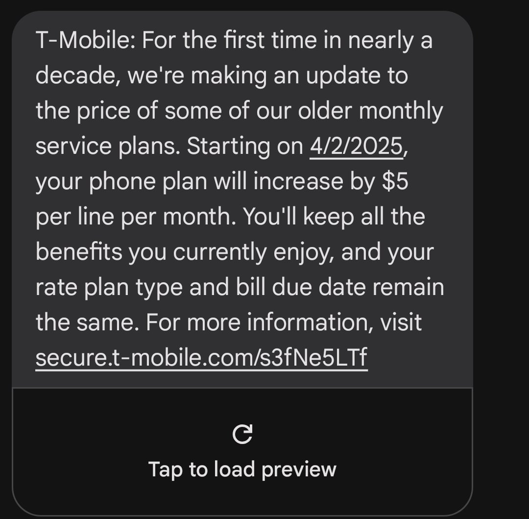 spenserblank's tweet image. Looks like I will be getting rid of @TMobile ASAP after this price hike. Just got this text. Looking for suggestions from my friends on here. @googlefi? @Visible? Let me know what you think!