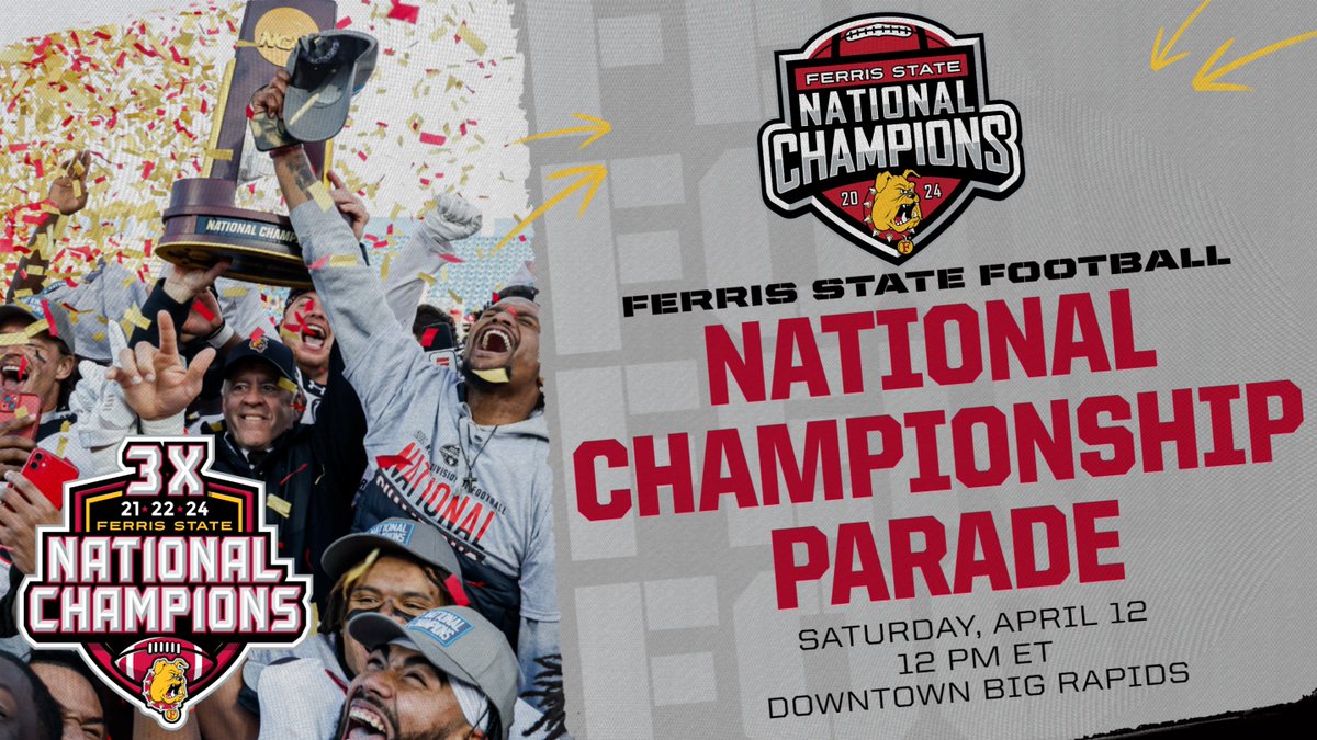 Ferris Athletics (@ferrisathletics) on Twitter photo BREAKING! Ferris State Football National Championship Parade & Celebration set for April 12 in downtown Big Rapids! Be there and help celebrate a third D2 title in four years! Parade entries being accepted. Event starts at noon! tinyurl.com/3h9rfs3d <a href="/FerrisFootball/">Ferris St. Football</a> BREAKING! Ferris State Football National Championship Parade & Celebration set for April 12 in downtown Big Rapids! Be there and help celebrate a third D2 title in four years! Parade entries being accepted. Event starts at noon! tinyurl.com/3h9rfs3d <a href="/FerrisFootball/">Ferris St. Football</a>