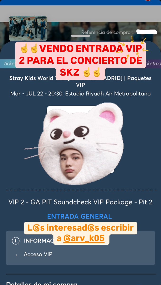 ArvK05's tweet photo. Estoy vendiendo una entrada VIP 2 para el concierto de SKZ del primer día ‼️‼️

Sí estáis INTERESADOS o conocéis a alguien interesado, podéis escribirme por mi cuenta de ig: @arv_k05

¡Gracias! 😊 https://t.co/RFLuD1SxXm