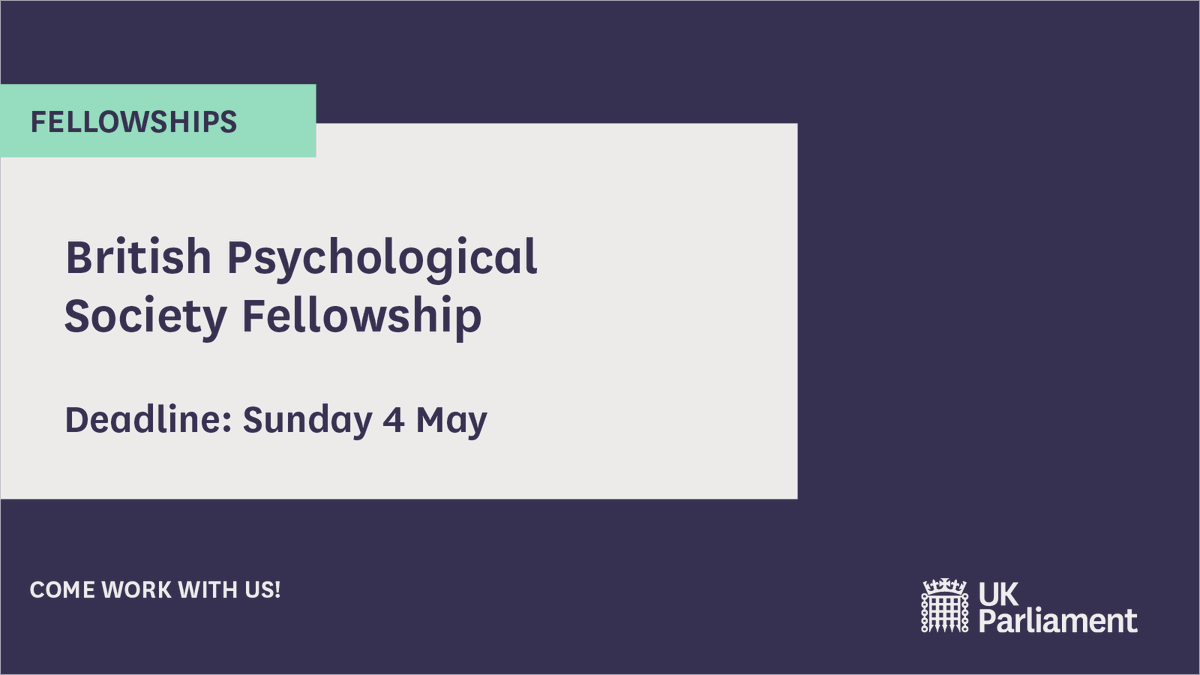 POST (UK Parliament) (@post_uk) on Twitter photo 🚨New fellowship alert!
If you're a PhD student in a psychology-related subject, you could join POST and <a href="/BPSOfficial/">British Psychological Society</a> on a fully funded 13-week fellowship in Parliament.
Applications close on Sunday 4 May. Find out more: post.parliament.uk/british-psycho… 🚨New fellowship alert!
If you're a PhD student in a psychology-related subject, you could join POST and <a href="/BPSOfficial/">British Psychological Society</a> on a fully funded 13-week fellowship in Parliament.
Applications close on Sunday 4 May. Find out more: post.parliament.uk/british-psycho…