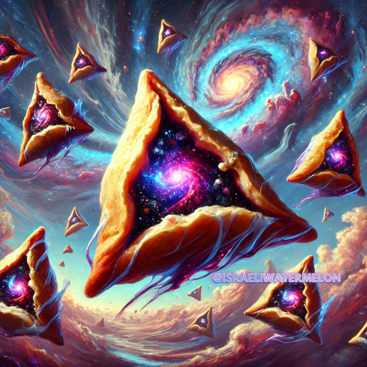 Israeliavatiach's tweet photo. #HappyPurim Dive into a cosmic swirl with our surreal hamantaschen! 🌌 A perfect blend of tradition and imagination. 🥮✨ #IsraeliWatermelon #BringThemHome #Purim #JewishArt https://t.co/9XvbdqFtDV