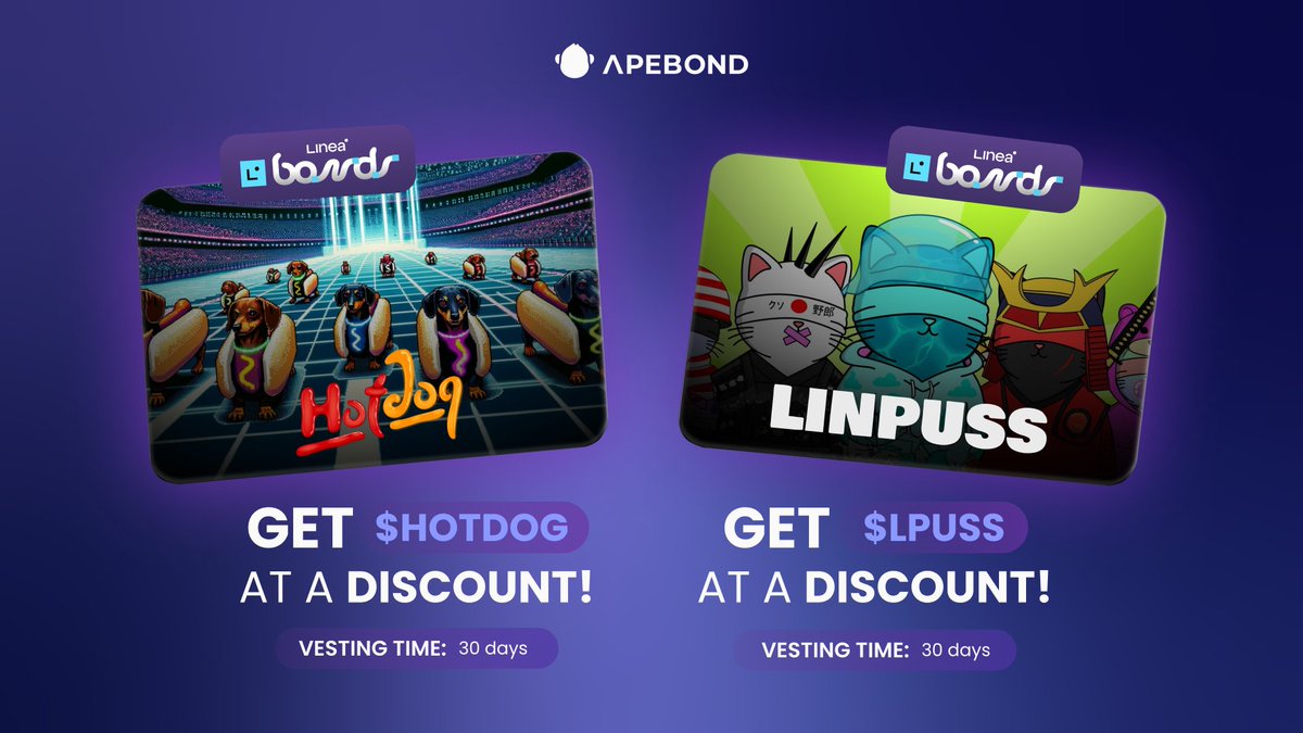ApeBond (@apebond) on Twitter photo 🚀 Double Bonds Day with our newest partner <a href="/HotdogLinea/">HOTDOG on Linea</a>, and <a href="/LinpussLinea/">Linpuss | Linea</a>! Two power-packed memes on #Linea, now at an exclusive discount! 🎉
🔹 HOTDOG – the sauciest dog onchain! 🌭 Fresh rebrand, big 2025 plans: 69% memes, 31% hotdogs—you need a bite! 🌭 Get $HOTDOG at a 🚀 Double Bonds Day with our newest partner <a href="/HotdogLinea/">HOTDOG on Linea</a>, and <a href="/LinpussLinea/">Linpuss | Linea</a>! Two power-packed memes on #Linea, now at an exclusive discount! 🎉
🔹 HOTDOG – the sauciest dog onchain! 🌭 Fresh rebrand, big 2025 plans: 69% memes, 31% hotdogs—you need a bite! 🌭 Get $HOTDOG at a