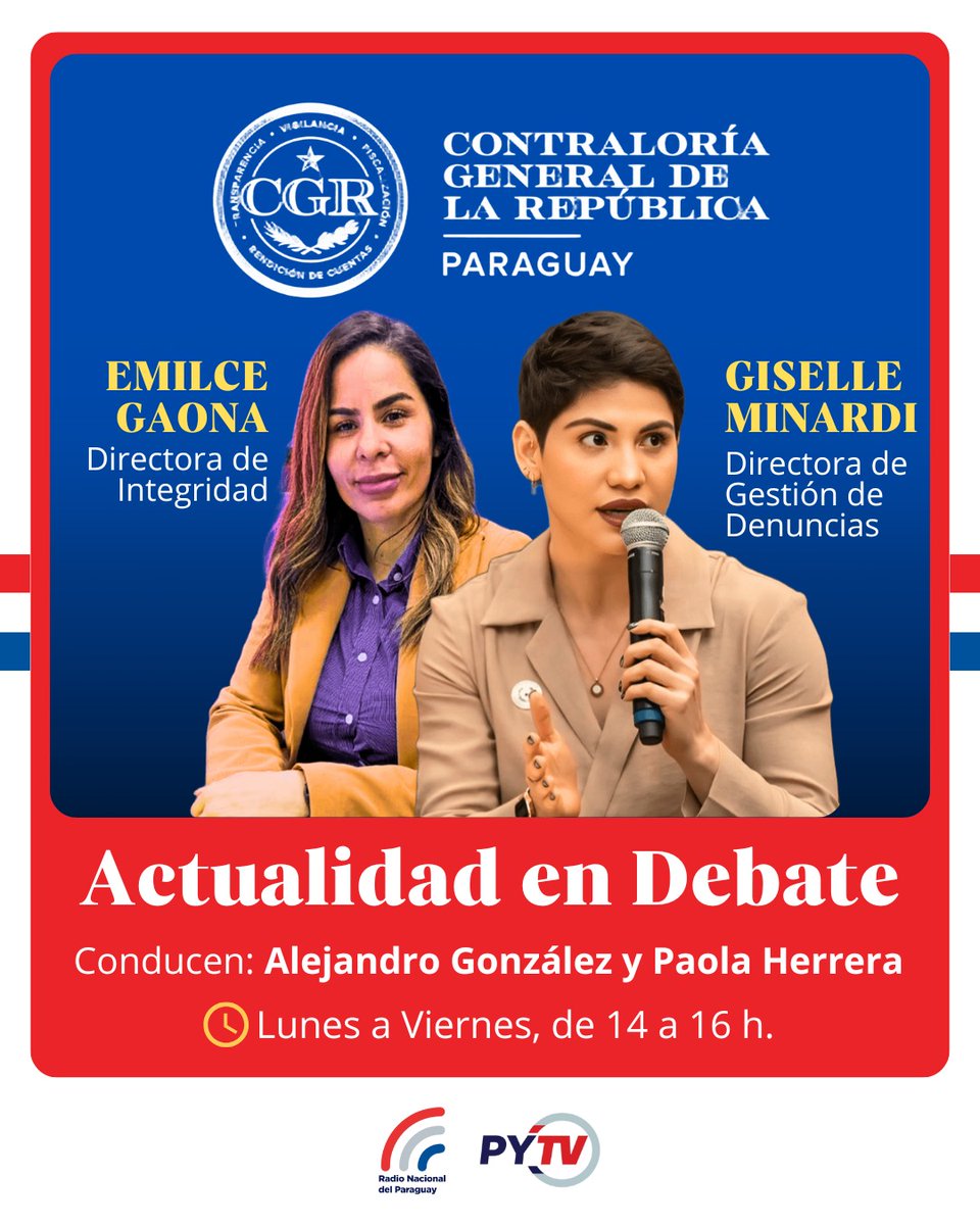 Hoy en #ActualidadEnDebate recibimos a: 

🗣 Giselle Minardi, Directora de Gestión de Denuncias de la <a href="/contraloriapy/">Contraloría General de la República🇵🇾</a> 
🗣 Emilce Gaona, Directora de Integridad de la CGR

📻 radionacional.gov.py