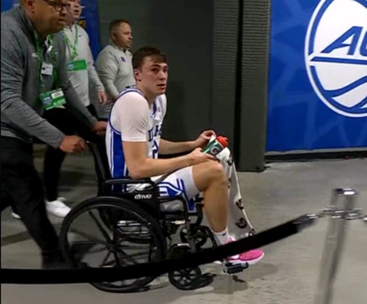 LegionHoops's tweet image. Cooper Flagg seen in a wheelchair after suffering an apparent ankle injury today.

Oh no…