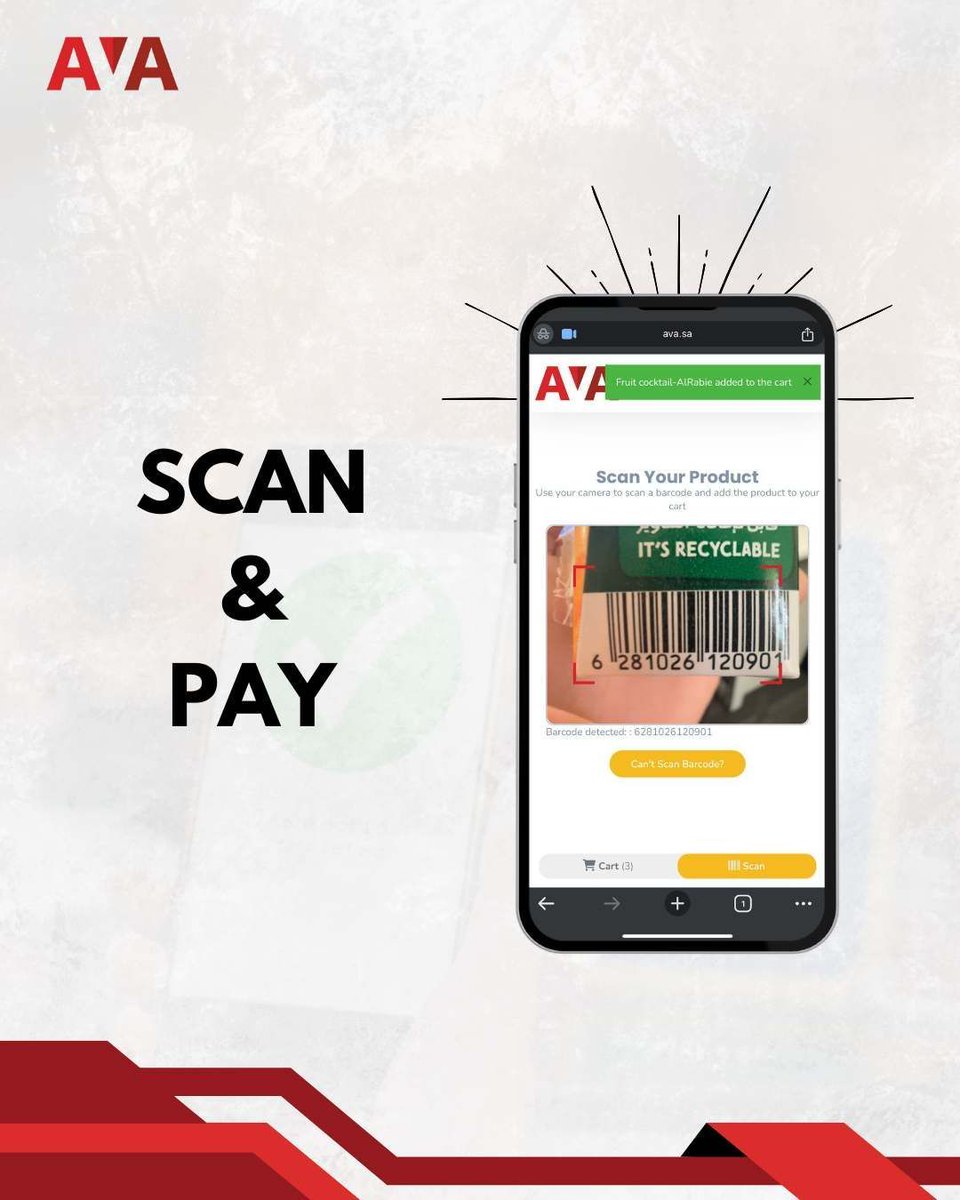 avacomsa's tweet image. تسوق بشكل أذكى مع Scan&amp;amp;Pay! امسح رمز الاستجابة السريعة للمتجر، امسح الباركود لكل منتج، وادفع عبر الإنترنت. تسوق سريع، سهل، ودون الحاجة للباركود!🛒
#ScanAndPay #TechInRetail #AVA