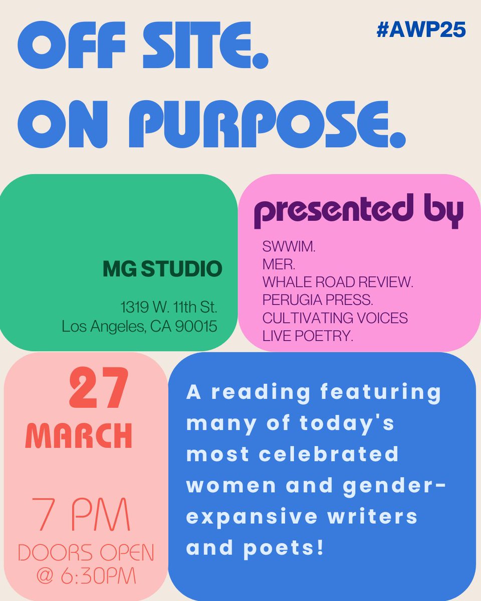 SWWIM, MER, Whale Road Review, Perugia Press, &amp; Cultivating Voices present  “Off Site. On Purpose,” a reading featuring many of today's most celebrated women writers &amp; poets!

Admission is free. Cash bar available.

#swwim #womenwriters #womenpoets #awp #awp2025 #reading