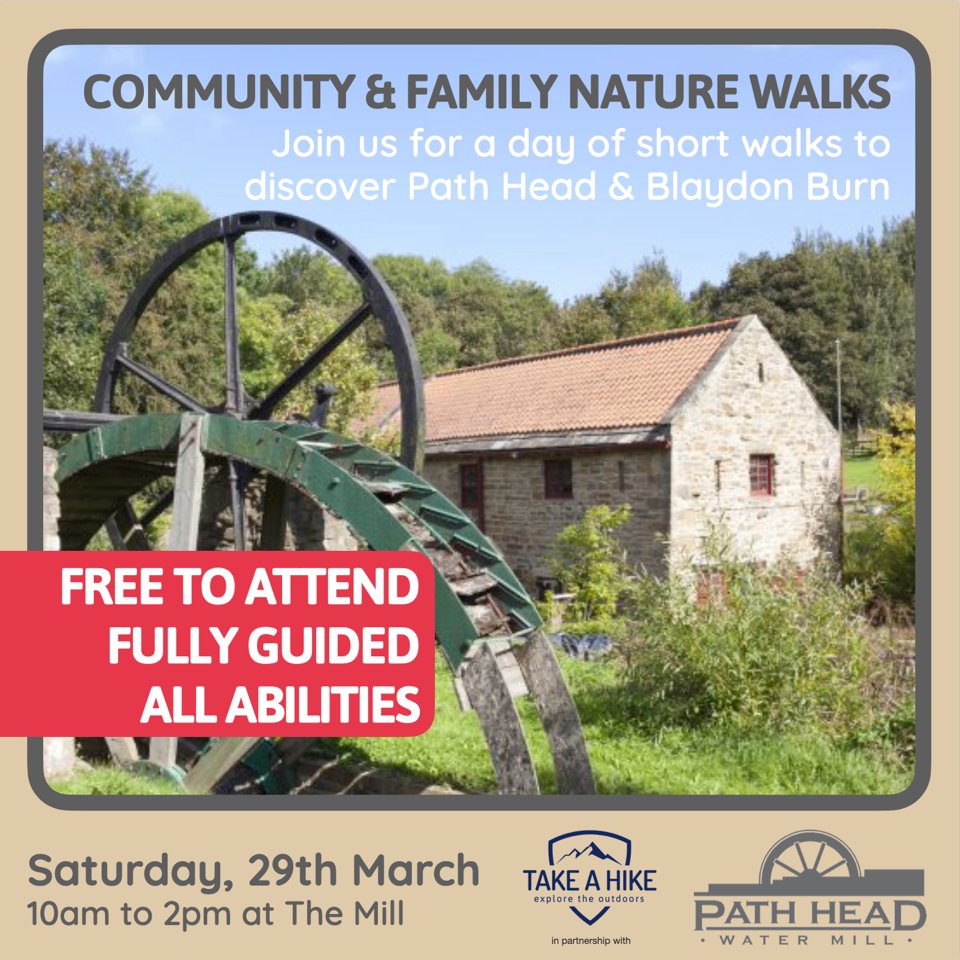 Come along a week on Saturday, on 29th March, to discover more about the Community and Family walks that Ben from Take a Hike is leading. Discover our lovely area with a day of fully guided, family friendly walks - and why not pop into the Mill for a restorative cuppa afterwards!