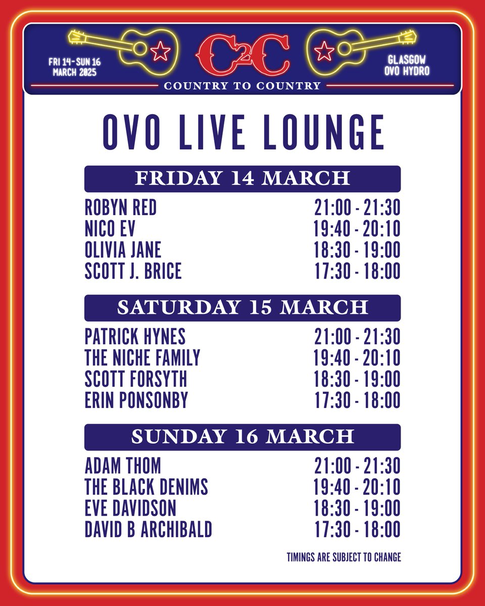 C2C weekend is nearly here 🌟

Doors open at 4:15pm tomorrow and we can't wait to see you all!

Please note there has been a slight change to the schedules for both the OVO Live Lounge and C2C Acoustic Stage.

Full weekend times here ⇾ gigss.co/c2c-2025-stage…

📸: Hope Holmes