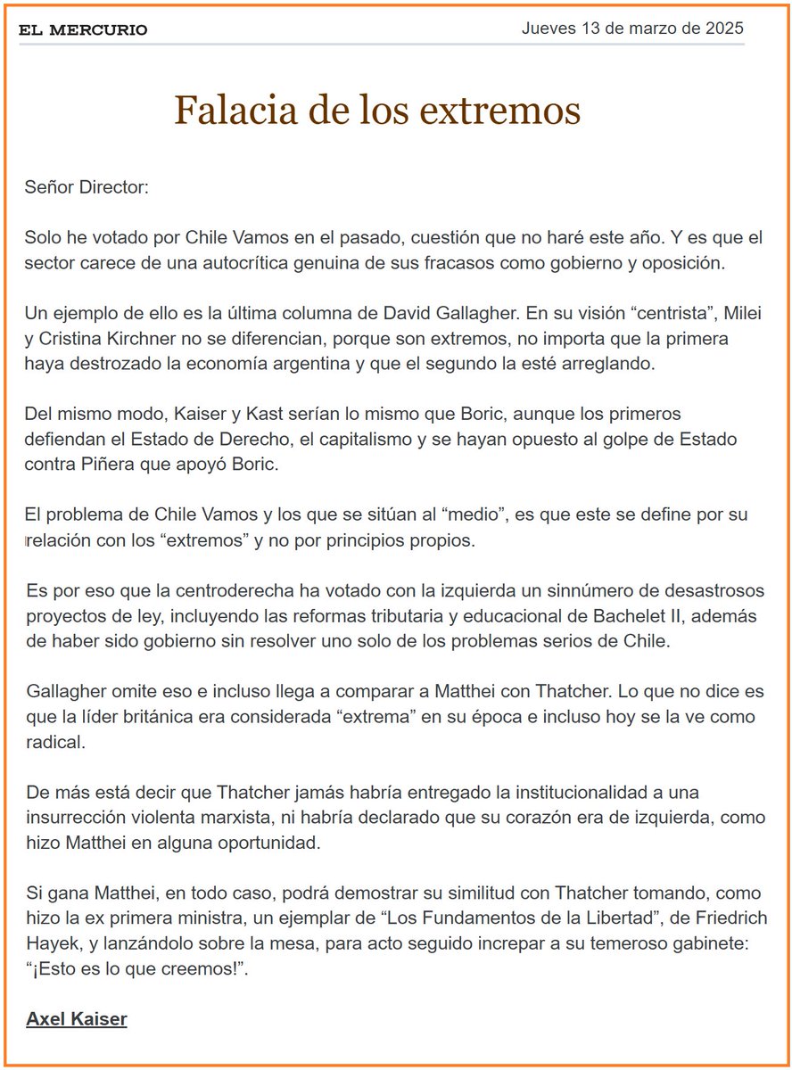 Axel Kaiser: "Solo he votado por Chile Vamos en el pasado, cuestión que no haré este año". 
¿Cuantos pensamos lo mismo hastiados de votar por el "mal menor" que era Chile Vamos y que una vez electos nos traicionaban y se alineaban con la izquierda?
Basta ya de ser tan estúpidos!!