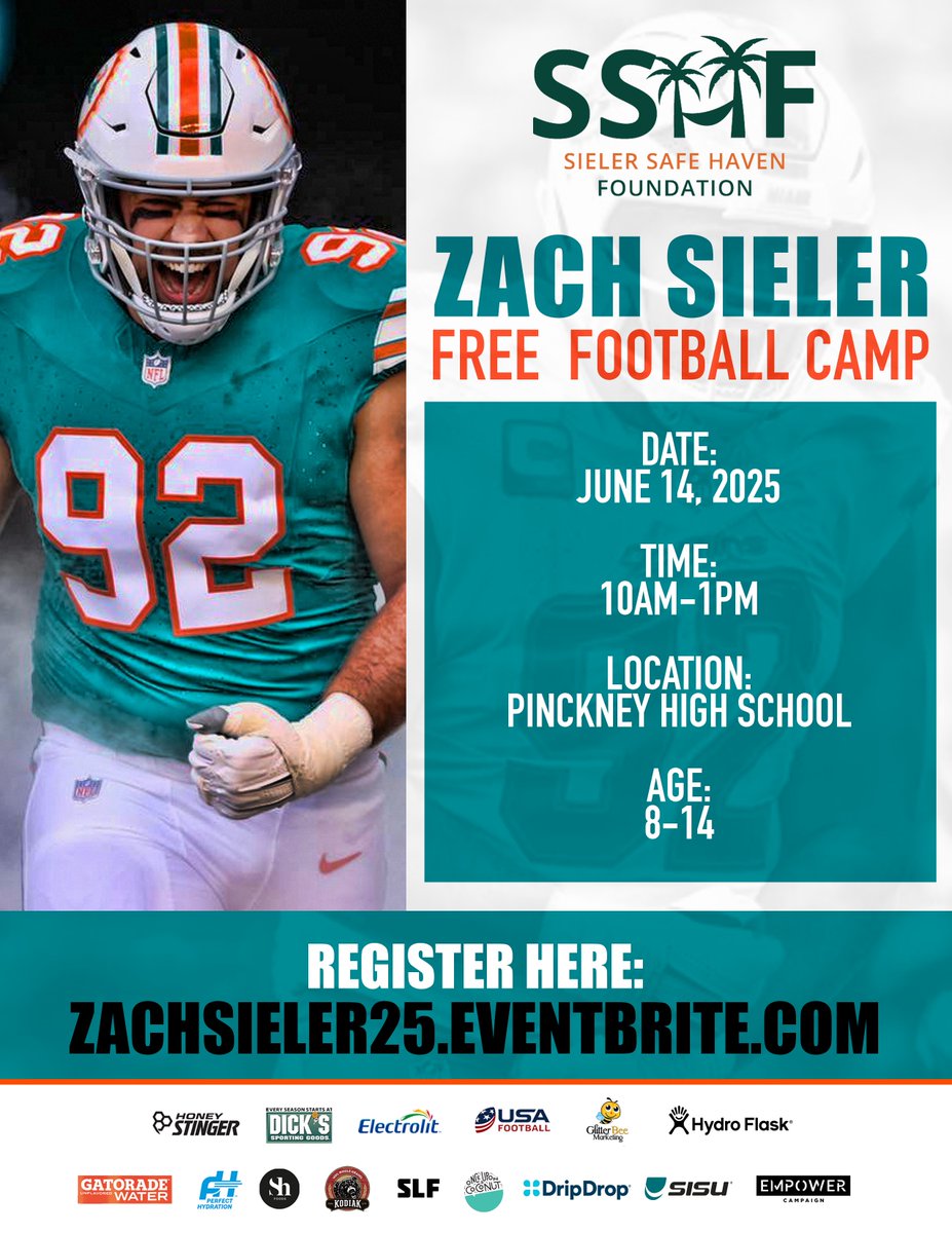 Mark your calendars! We are glad to welcome back <a href="/zachsieler/">Zach Sieler</a> to put on his 1st youth football day camp on June 14th! Hope to see you there for football and fun!
eventbrite.com/e/zach-sieler-…