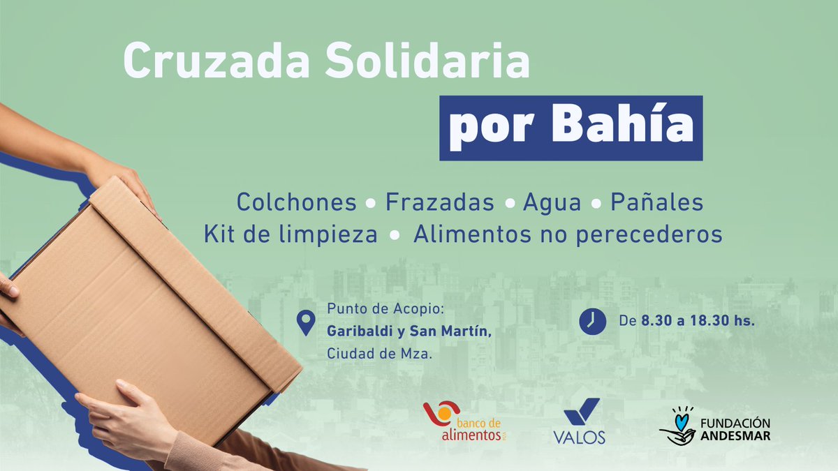 🚨 ¡Sumate a la colecta por Bahía Blanca! 🌍❤️<a href="/fundandesmar/">Fundacion Andesmar</a> , <a href="/VALOSRSE1/">VALOS</a>  y el <a href="/bdamendoza/">Banco Alimentos Mza</a>  se unen para ayudar a los afectados por el temporal. Tu ayuda hace la diferencia. ¡Sumate y compartí! 🤝💪