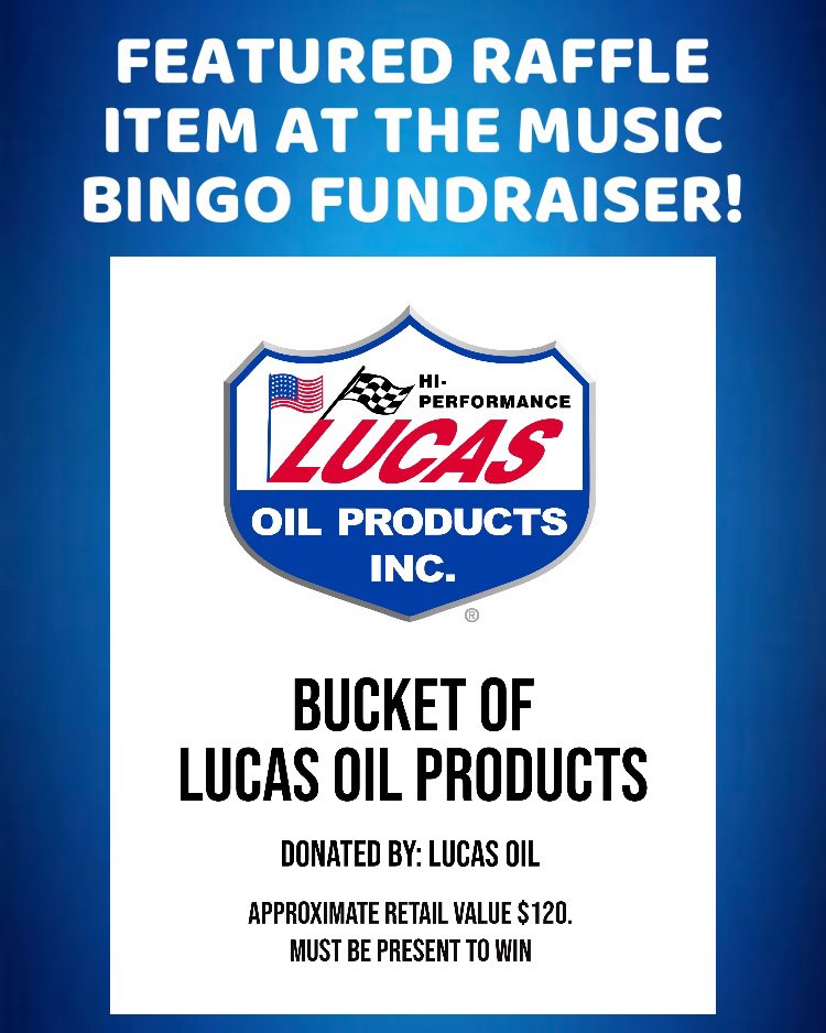 🎟️ Featured Raffle Item at our Music Bingo event! 🎟️

Get ready to rev up your engines! 🚗💨 We're giving YOU the chance to win a bucket of Lucas Oil products—perfect for keeping your ride in top shape! 🏎️🔧