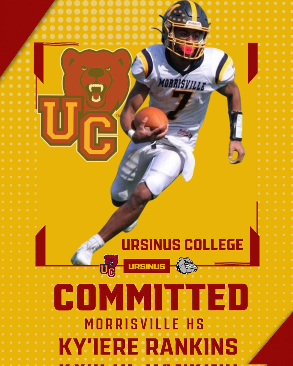 Mitch Cohen (@mitch_cohen21) on Twitter photo I am proud to announce that Morrisville High School All-League, All-State, Maxwell Award winner FS Ky'iere Rankins has committed to attend and play football at Ursinus College!
The Bears got a good one!
Congrats Ky!
Wishing you all the best #7
<a href="/kyiere_rankins7/">Kyiere Rankins</a> <a href="/UrsinusFootball/">Ursinus Football</a> I am proud to announce that Morrisville High School All-League, All-State, Maxwell Award winner FS Ky'iere Rankins has committed to attend and play football at Ursinus College!
The Bears got a good one!
Congrats Ky!
Wishing you all the best #7
<a href="/kyiere_rankins7/">Kyiere Rankins</a> <a href="/UrsinusFootball/">Ursinus Football</a>