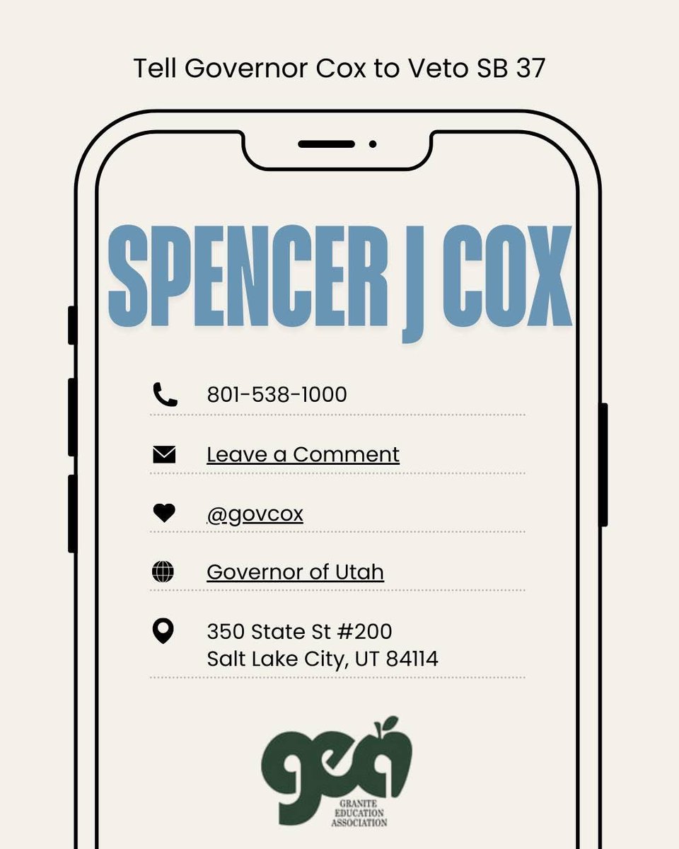 GEA_Utah's tweet photo. Calling is best, but please tell Governor Cox to VETO SB 37. https://t.co/pXefDPi5Ib