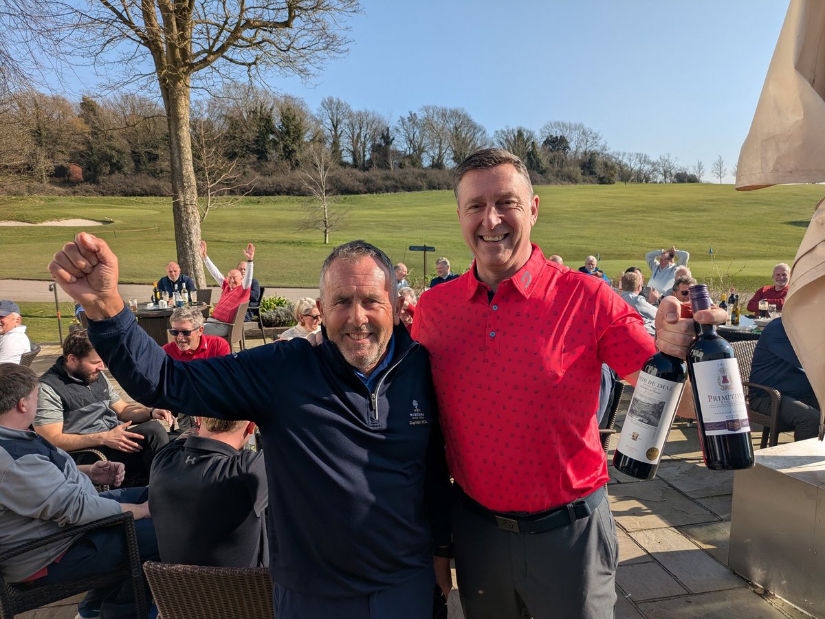 Glorious Sunday: 76 players, 19 matches. England vs. ROW ended 10.5–8.5 in favor of England. The patio was buzzing with the bi-fold doors open for the first time. Captain Jez &amp; Vice-Captain Guy (Guy’s team earned the wine!)