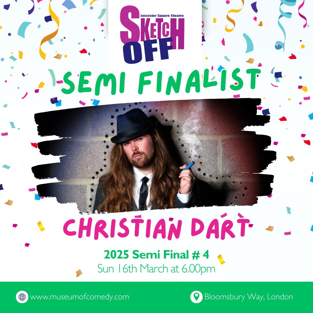 Christian Dart (@dartchristian) on Twitter photo SUNDAY. IT. IS. HAPPENING. 🔥❤️
Who’s coming to the big semi-final of Sketch Off on Sunday the 16th, 6PM at <a href="/museumofcomedy/">Museum of Comedy</a> ?! YOU ARE.
Come cheer me on as I solve a mystery in 7 minutes.
Ticket link: museumofcomedy.ticketsolve.com/ticketbooth/sh…! 🔥 SUNDAY. IT. IS. HAPPENING. 🔥❤️
Who’s coming to the big semi-final of Sketch Off on Sunday the 16th, 6PM at <a href="/museumofcomedy/">Museum of Comedy</a> ?! YOU ARE.
Come cheer me on as I solve a mystery in 7 minutes.
Ticket link: museumofcomedy.ticketsolve.com/ticketbooth/sh…! 🔥