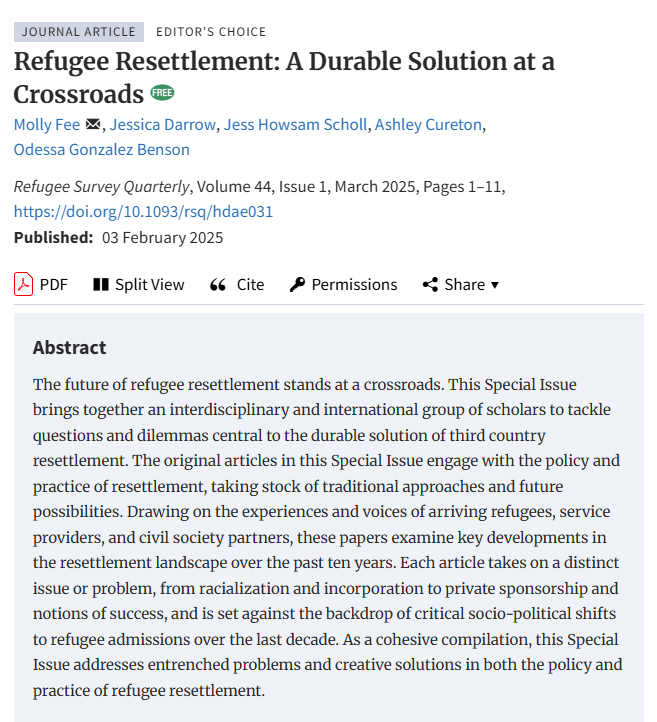 A new special issue of <a href="/RefugeeSurvey/">Refugee Survey Quarterly</a> co-edited by RSC Research Associate <a href="/molly_fee/">Molly Fee</a> explores 'Refugee Resettlement: A Durable Solution at a Crossroads'.  

Find out more: academic.oup.com/rsq/issue/44/1
