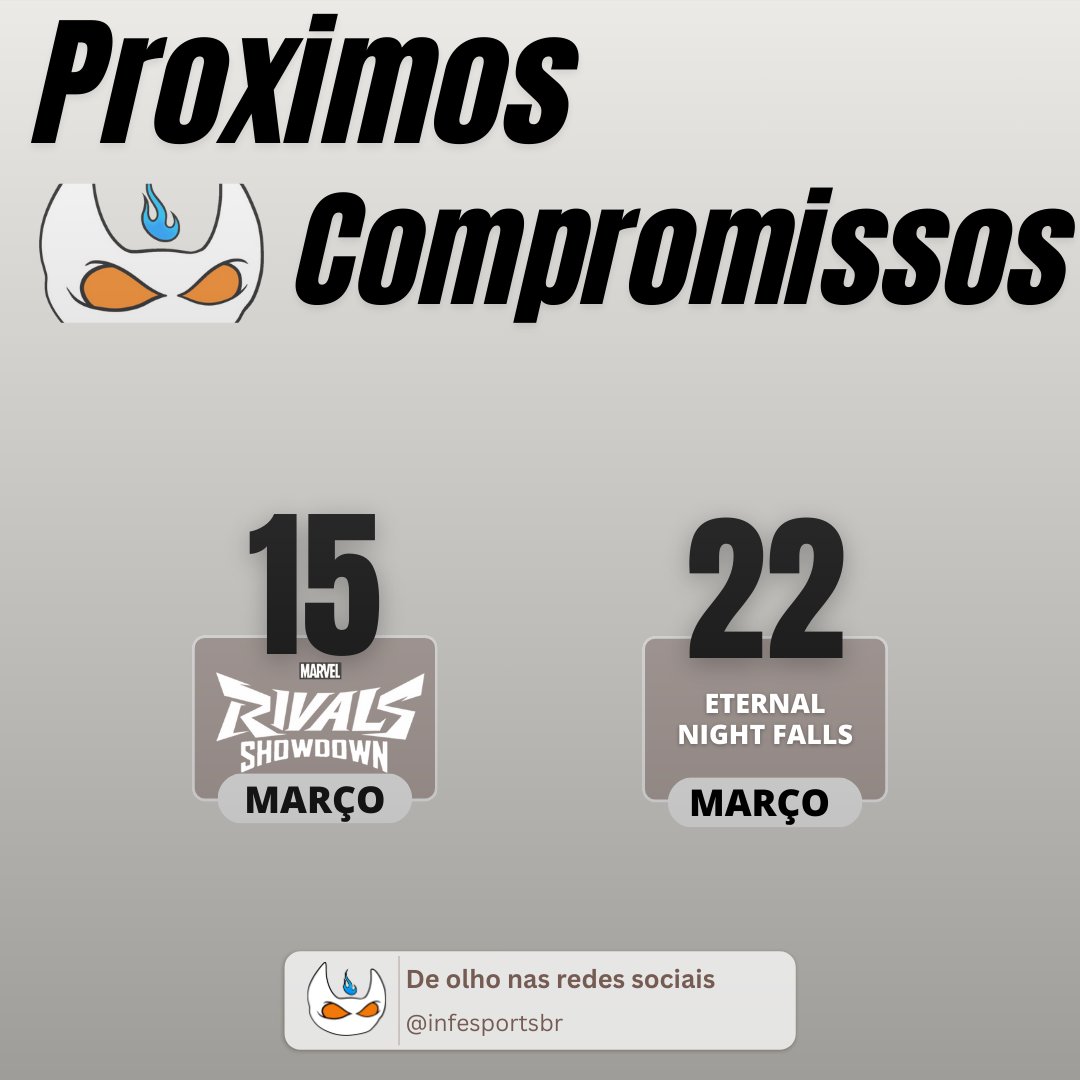 🏆 Fim de semana é dia de campeonato SA! 💥
No dia 22, tem a dupla eliminação do Eternal Night Falls, o campeonato oficial do MRC. 
Assim que tivermos os links da tabela e transmissão, deixo tudo nos comentários! Torçam por nós! 🔥 

#MarvelRivals
#TimeToBurn